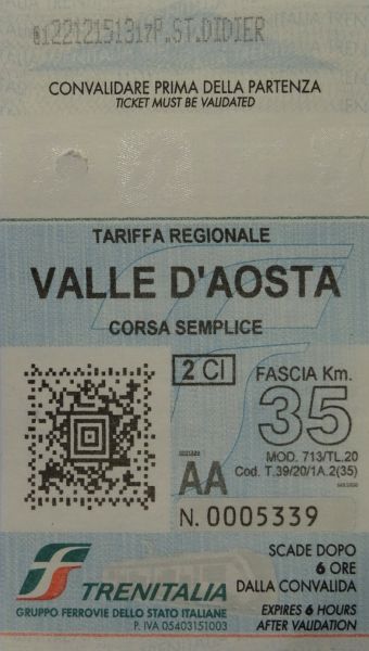 Biglietto ferroviario Aosta Pré-Saint-Didier del 22 dicembre 2015 - Foto di Gian Mario Navillod.