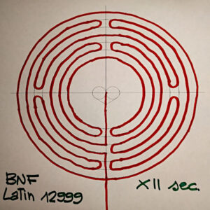 Schema del labirinto del XII secolo disegnato nel manoscritto Latin 12999 della BnF - Schema di Gian Mario Navillod.