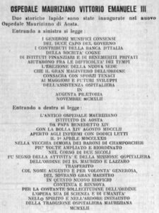 Il testo della due lapidi all'interno del nuovo Ospedale Mauriziano di Aosta pubblicate su Augusta Pretoria.