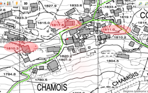 Estratto dalla Carta Tecnica Regionale della Regione Autonoma della Valle d'Aosta ed. 2005 - In rosso l'ingresso del comune di Chamois.